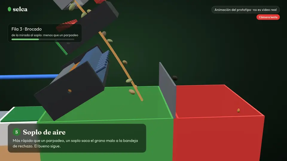 Un chorro de aire desviando un grano defectuoso a la bandeja de rechazo